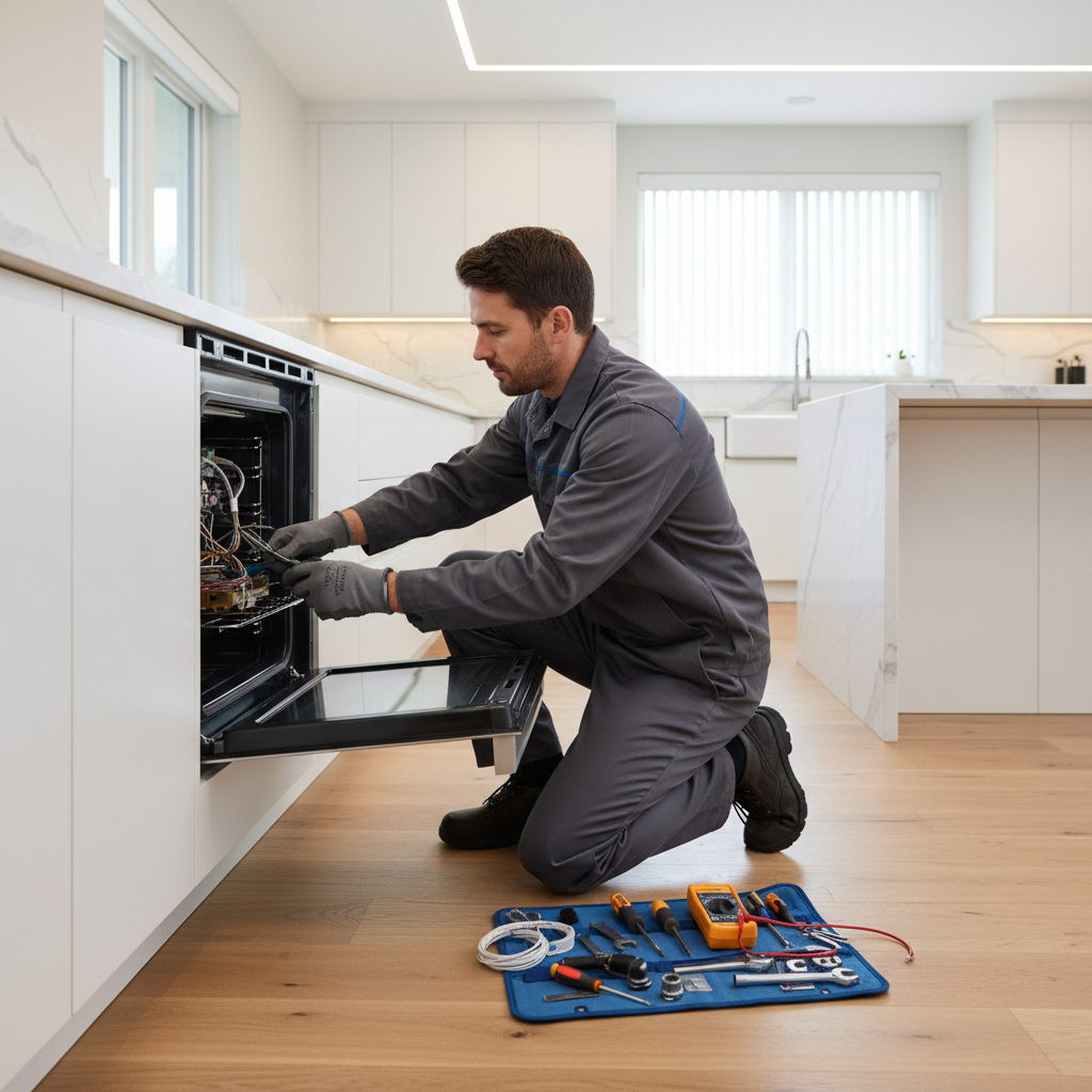 Technician repairing a built-in oven